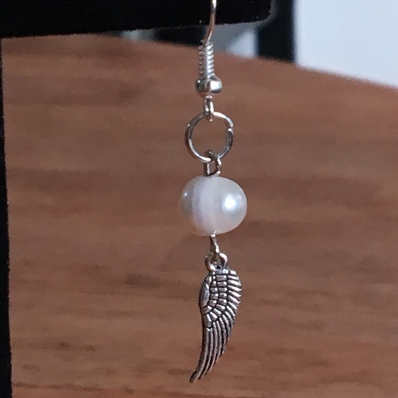 SOLD White Pearl Silver Angel Wing Earrings - Picture 3 of 7